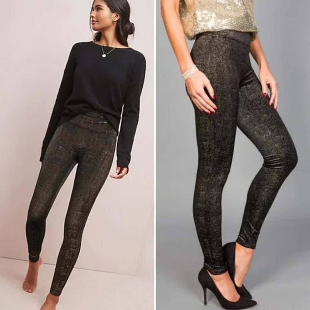 Spanx Velvet Leggings Metallic Black &‎ Gold Mid Rise Slimming Stretch